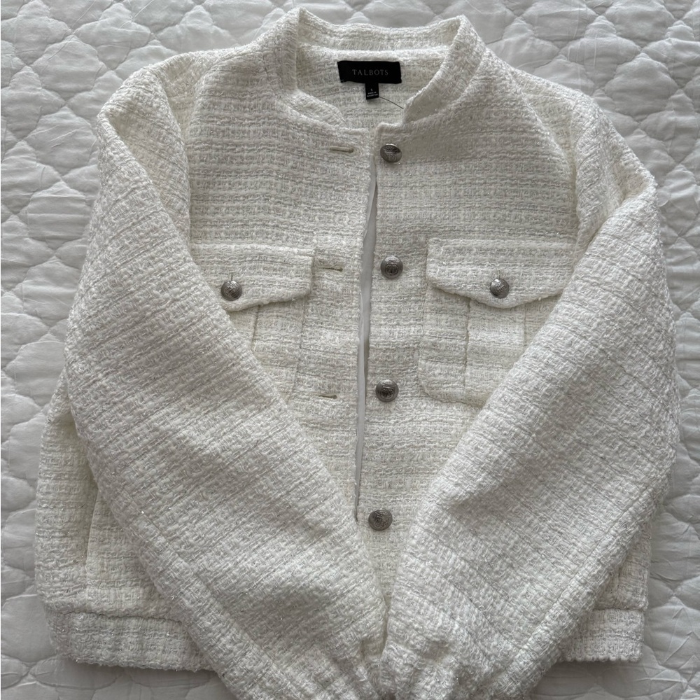 Talbots Cream Textured Tweed Collarless Jacket